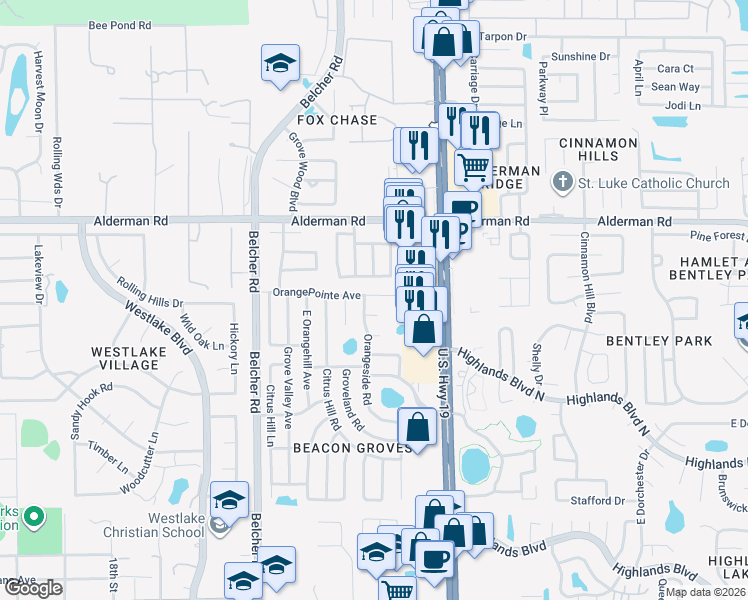 map of restaurants, bars, coffee shops, grocery stores, and more near 2458 Orangeside Road in Palm Harbor