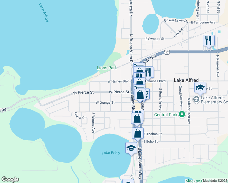 map of restaurants, bars, coffee shops, grocery stores, and more near 325 West Pierce Street in Lake Alfred