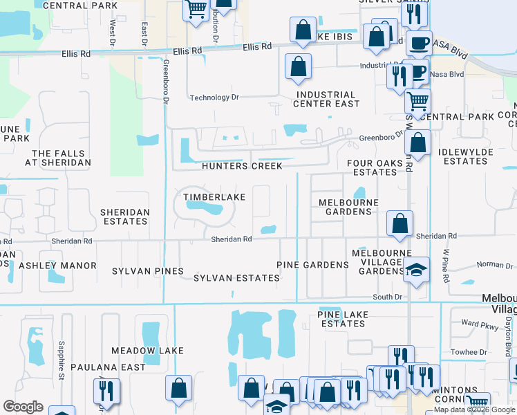 map of restaurants, bars, coffee shops, grocery stores, and more near 610 Dundee Circle in Melbourne