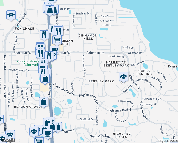 map of restaurants, bars, coffee shops, grocery stores, and more near 2908 MacAlpin Drive South in Palm Harbor