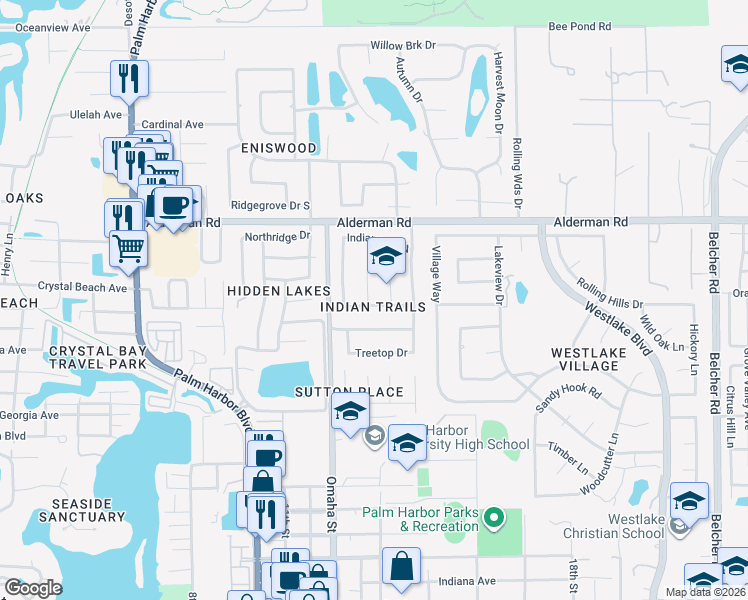 map of restaurants, bars, coffee shops, grocery stores, and more near 1391 Indian Trail South in Palm Harbor