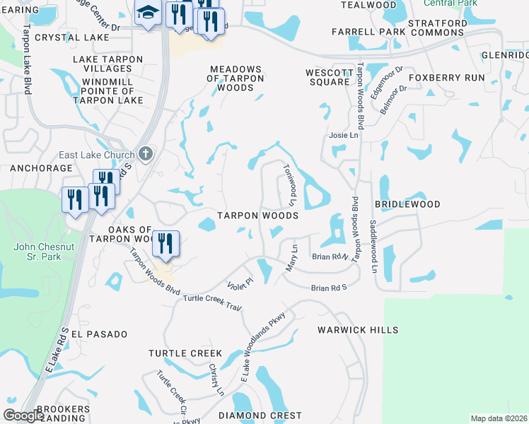 map of restaurants, bars, coffee shops, grocery stores, and more near 2215 Toniwood Lane in Palm Harbor
