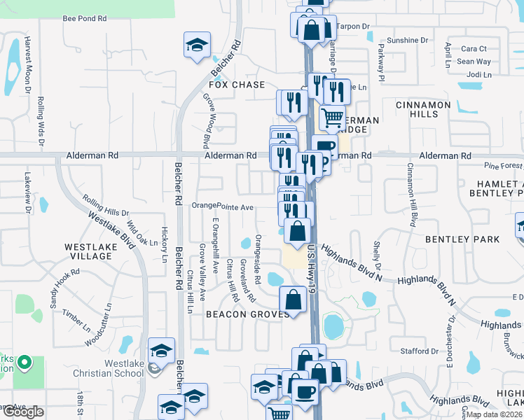 map of restaurants, bars, coffee shops, grocery stores, and more near 2458 Orangeside Road in Palm Harbor