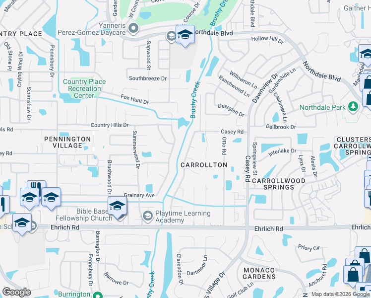 map of restaurants, bars, coffee shops, grocery stores, and more near 15306 Winterwind Drive in Tampa