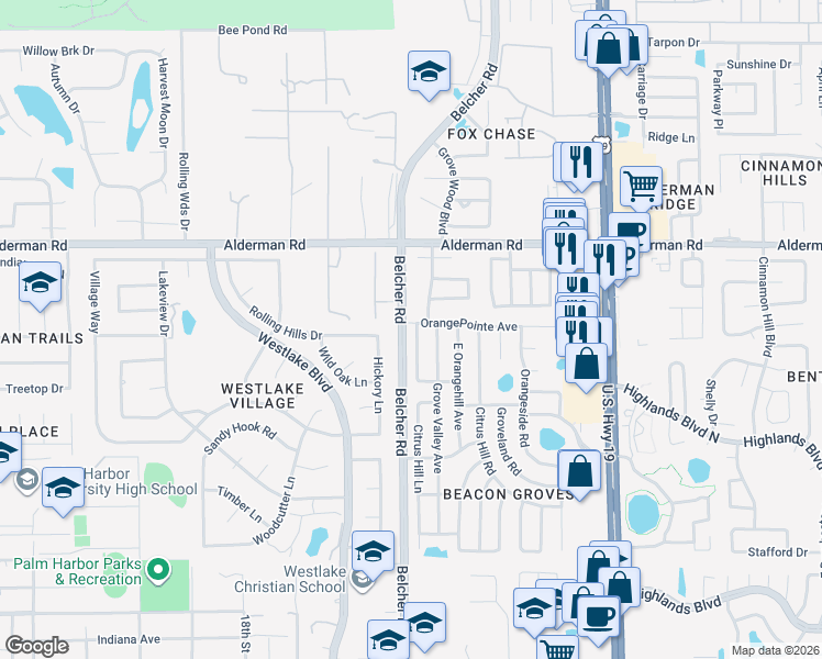 map of restaurants, bars, coffee shops, grocery stores, and more near 2490 Grove Ridge Drive in Palm Harbor