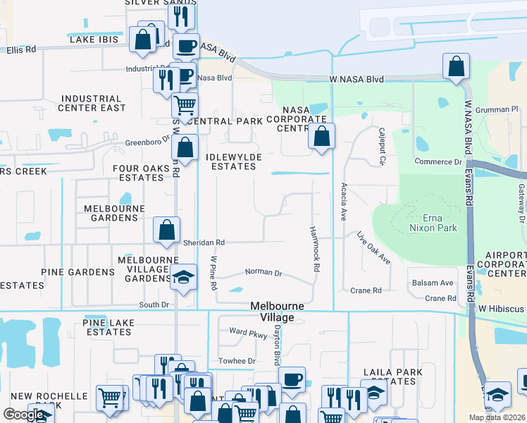 map of restaurants, bars, coffee shops, grocery stores, and more near 6548 Flamingo Road in Melbourne