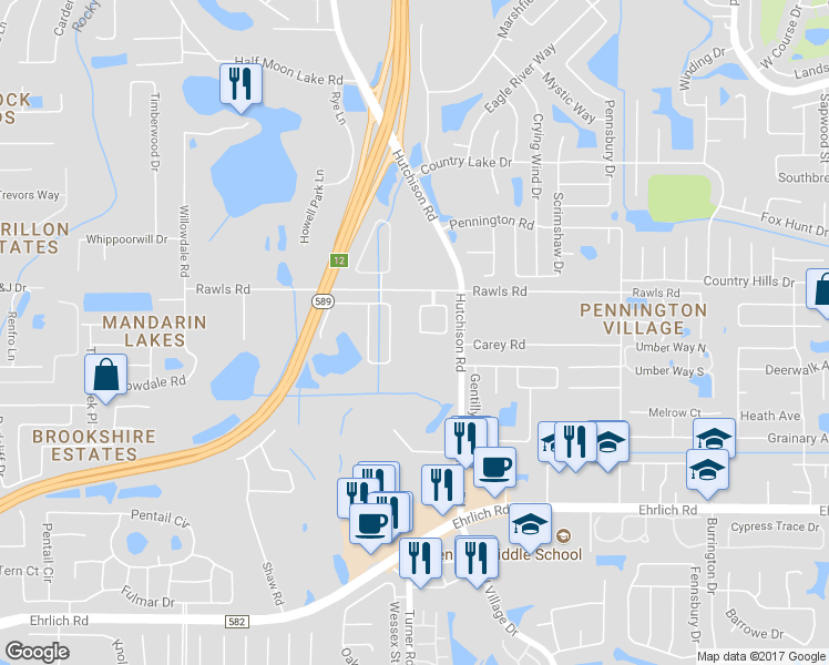 map of restaurants, bars, coffee shops, grocery stores, and more near 15419 Montilla Loop in Tampa