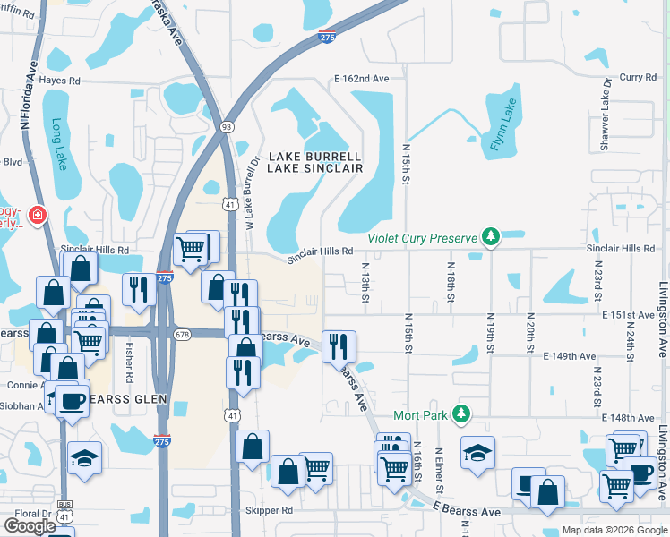 map of restaurants, bars, coffee shops, grocery stores, and more near 15301 North 12th Street in Lutz