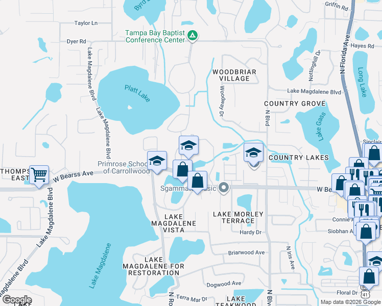 map of restaurants, bars, coffee shops, grocery stores, and more near 1503 West Bearss Avenue in Tampa