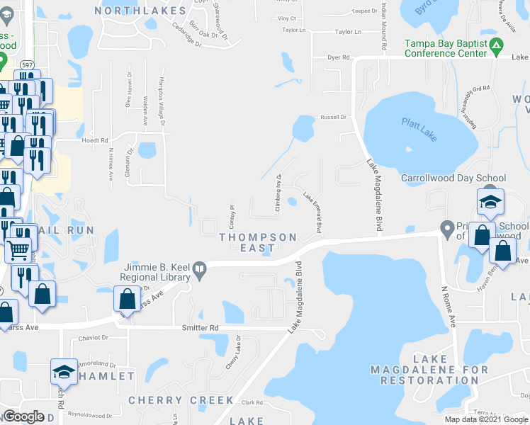 map of restaurants, bars, coffee shops, grocery stores, and more near 2223 Climbing Ivy Drive in Tampa