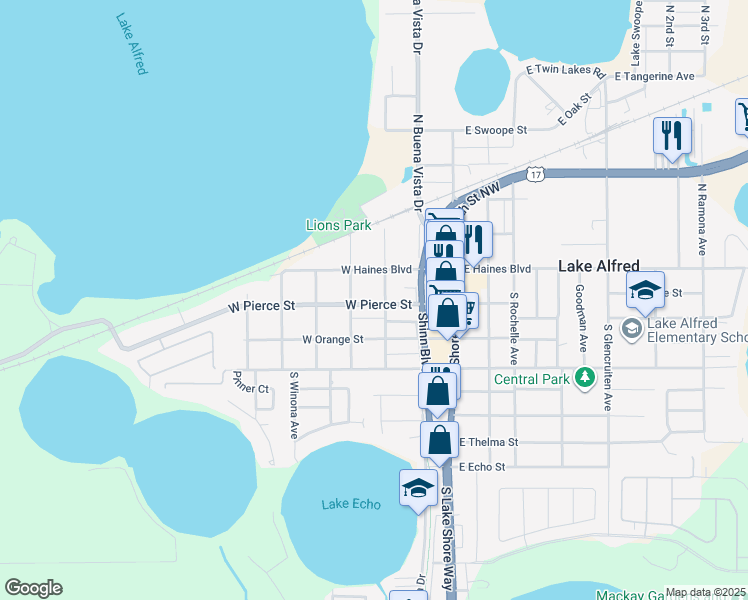 map of restaurants, bars, coffee shops, grocery stores, and more near 325 West Pierce Street in Lake Alfred