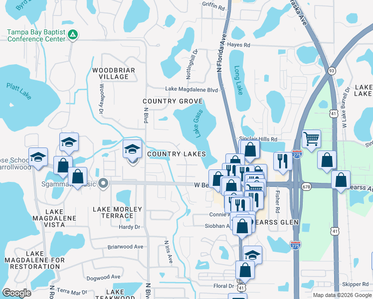 map of restaurants, bars, coffee shops, grocery stores, and more near 605 Speck Court in Tampa