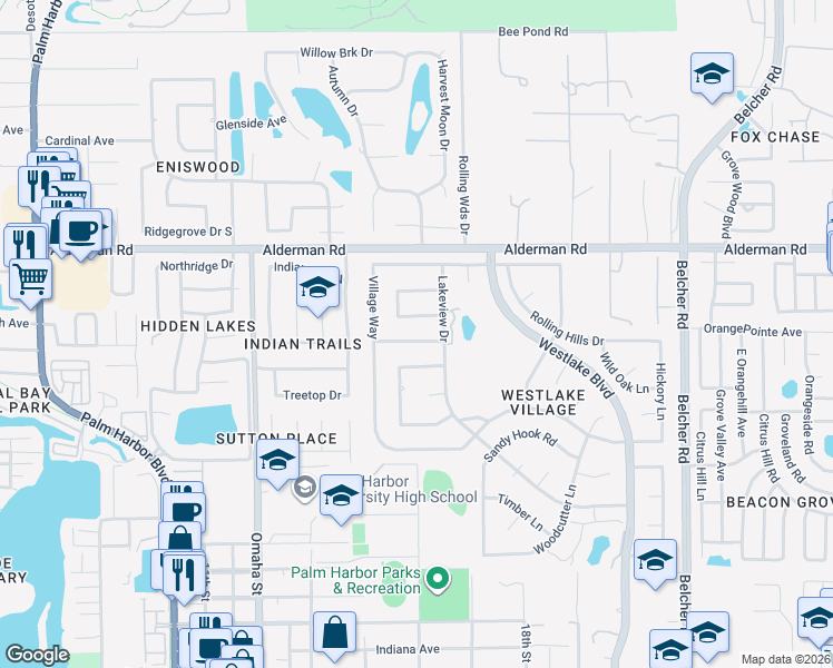 map of restaurants, bars, coffee shops, grocery stores, and more near 825 Lakeside Terrace in Palm Harbor
