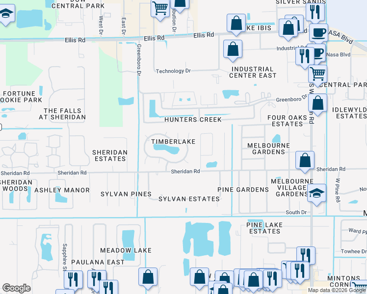 map of restaurants, bars, coffee shops, grocery stores, and more near 7917 Timberlake Drive in Melbourne