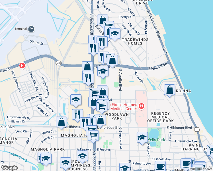 map of restaurants, bars, coffee shops, grocery stores, and more near 74 Bulldog Boulevard in Melbourne