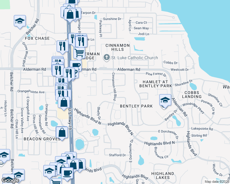 map of restaurants, bars, coffee shops, grocery stores, and more near 2920 Macalpin Drive South in Palm Harbor