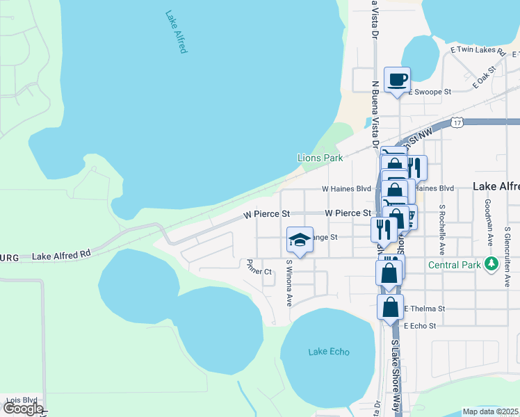 map of restaurants, bars, coffee shops, grocery stores, and more near 655 West Pierce Street in Lake Alfred