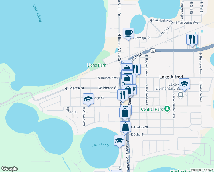 map of restaurants, bars, coffee shops, grocery stores, and more near 325 West Pierce Street in Lake Alfred