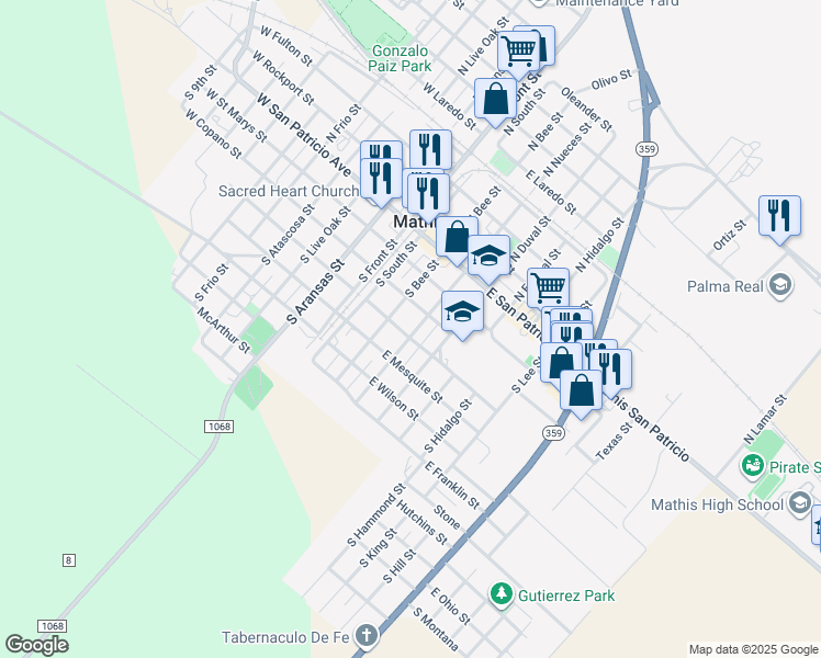 map of restaurants, bars, coffee shops, grocery stores, and more near 318 South Nueces Street in Mathis