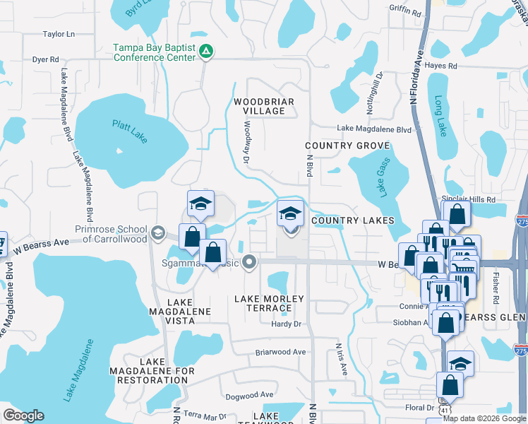 map of restaurants, bars, coffee shops, grocery stores, and more near 15115 Bears Park Drive in Tampa