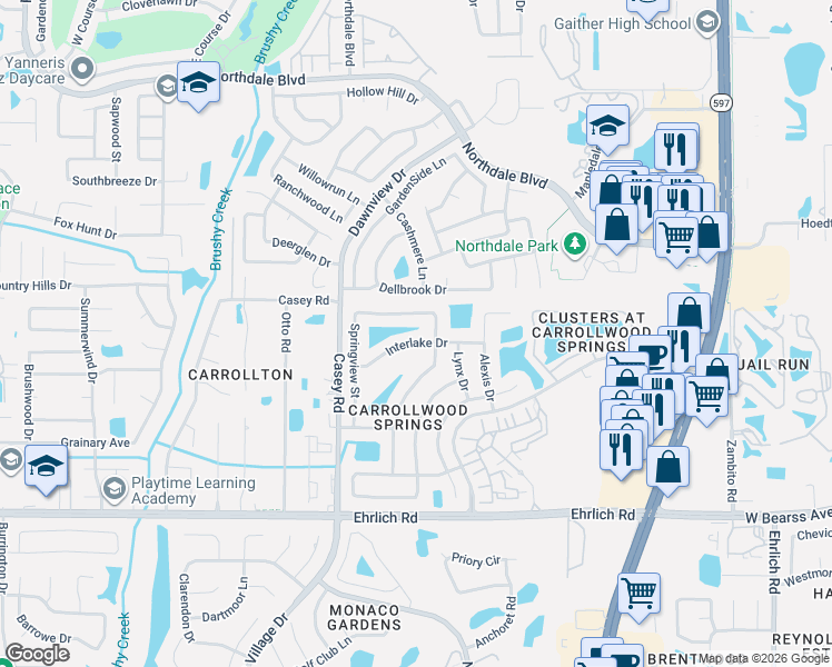 map of restaurants, bars, coffee shops, grocery stores, and more near 4201 Interlake Drive in Tampa