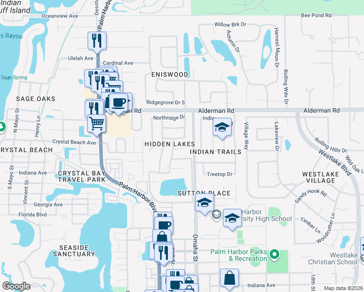 map of restaurants, bars, coffee shops, grocery stores, and more near 1146 Ridgecrest Court in Palm Harbor