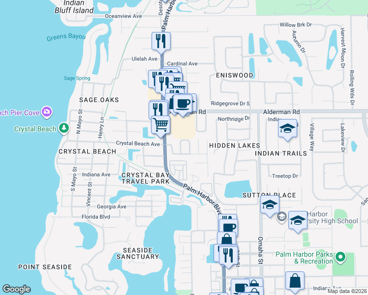 map of restaurants, bars, coffee shops, grocery stores, and more near 627 Crystal Drive in Palm Harbor