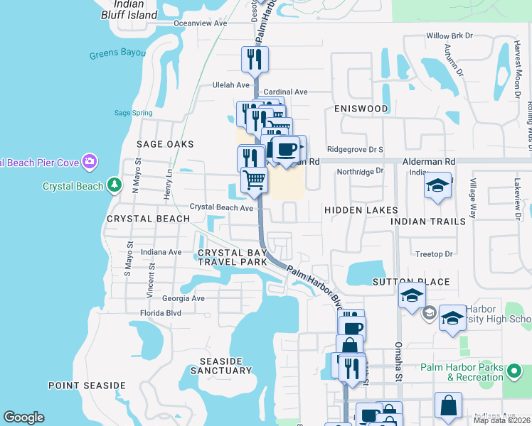map of restaurants, bars, coffee shops, grocery stores, and more near 627 Crystal Drive in Palm Harbor