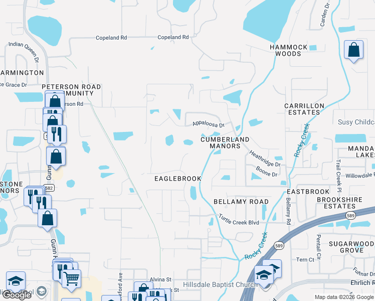 map of restaurants, bars, coffee shops, grocery stores, and more near 15107 Golden Eagle Way in Tampa
