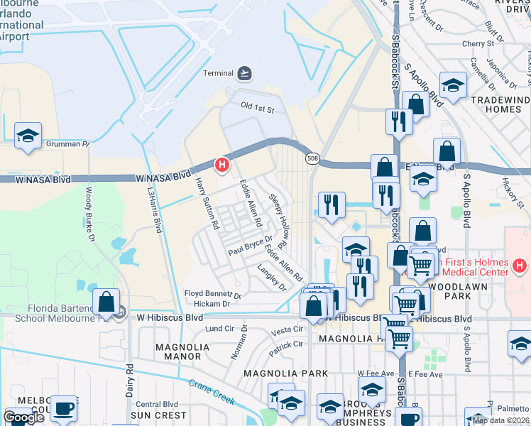 map of restaurants, bars, coffee shops, grocery stores, and more near 1154 Paul Bryce Drive in Melbourne