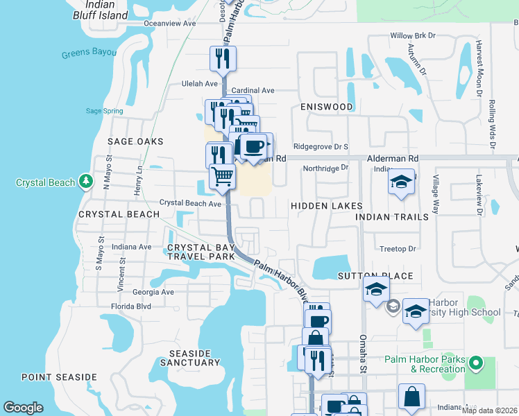 map of restaurants, bars, coffee shops, grocery stores, and more near 2533 Gulfbreeze Circle in Palm Harbor
