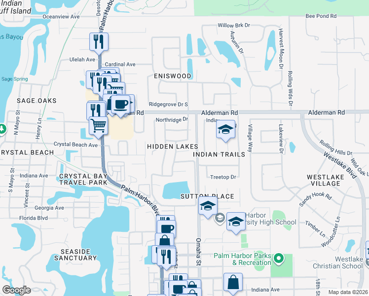 map of restaurants, bars, coffee shops, grocery stores, and more near 1146 Ridgecrest Court in Palm Harbor
