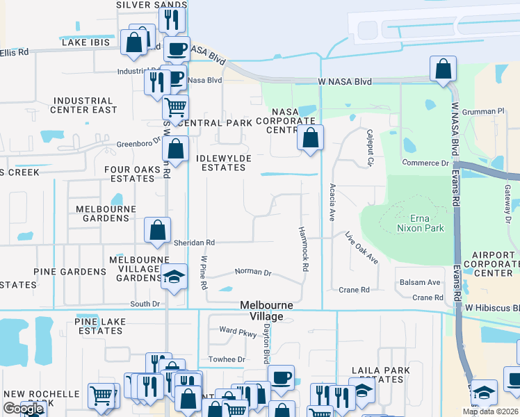 map of restaurants, bars, coffee shops, grocery stores, and more near 6548 Flamingo Road in Melbourne