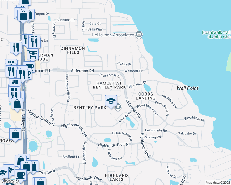 map of restaurants, bars, coffee shops, grocery stores, and more near 3217 Montrose Circle in Palm Harbor