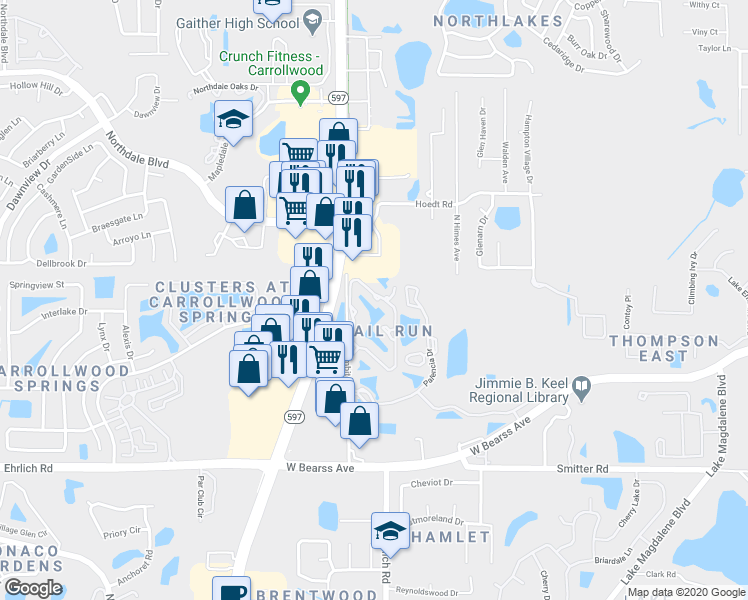 map of restaurants, bars, coffee shops, grocery stores, and more near 15415 West Pond Woods Drive in Tampa