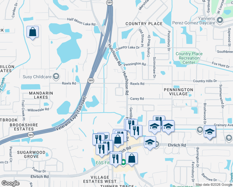 map of restaurants, bars, coffee shops, grocery stores, and more near 15419 Montilla Loop in Tampa