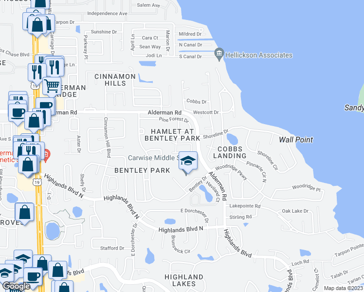 map of restaurants, bars, coffee shops, grocery stores, and more near 3217 Montrose Circle in Palm Harbor