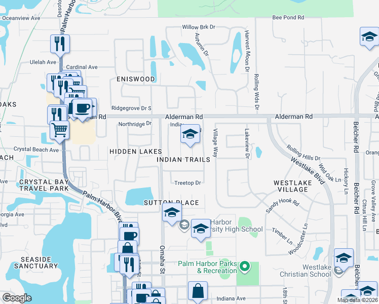 map of restaurants, bars, coffee shops, grocery stores, and more near 1391 Indian Trail South in Palm Harbor