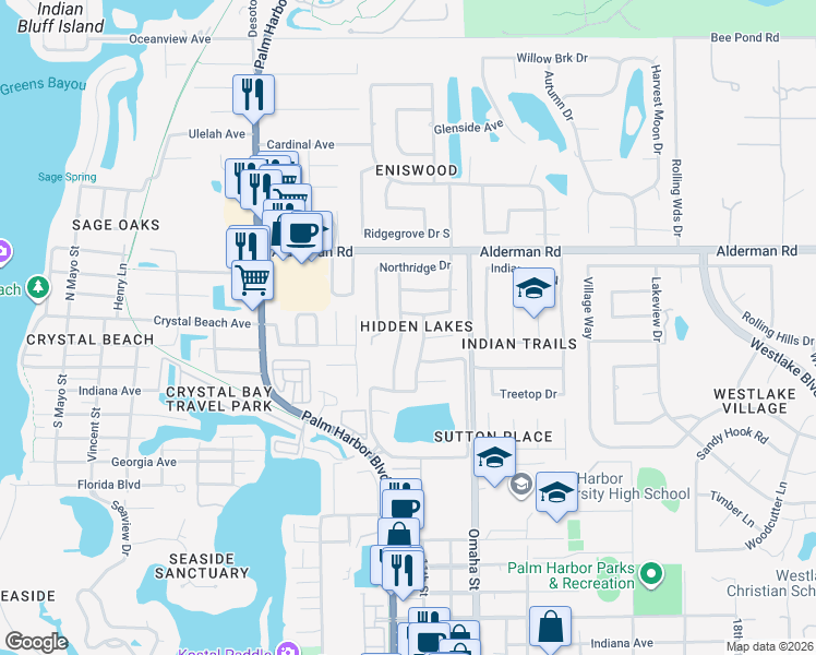 map of restaurants, bars, coffee shops, grocery stores, and more near 2475 Rolling Oaks Drive in Palm Harbor