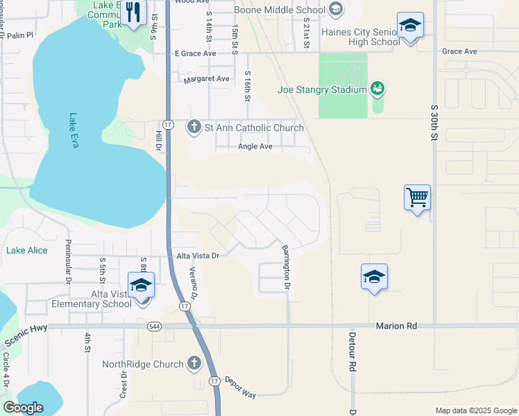 map of restaurants, bars, coffee shops, grocery stores, and more near 233 Barrington Drive in Haines City