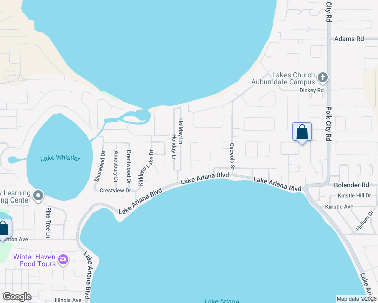 map of restaurants, bars, coffee shops, grocery stores, and more near 118 Holiday Lane in Auburndale