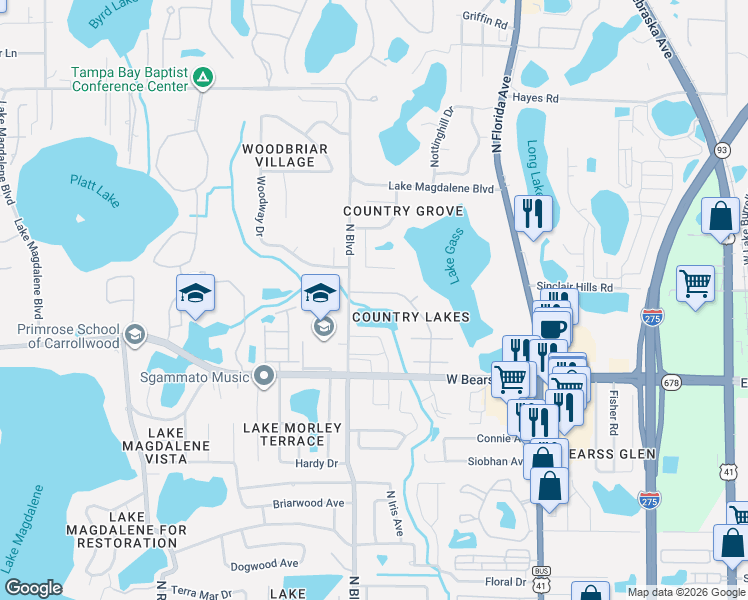 map of restaurants, bars, coffee shops, grocery stores, and more near 15334 Winding Creek Drive in Tampa