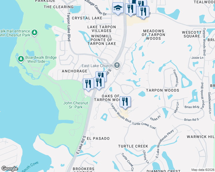 map of restaurants, bars, coffee shops, grocery stores, and more near 6 Tanglewood Trail in Palm Harbor