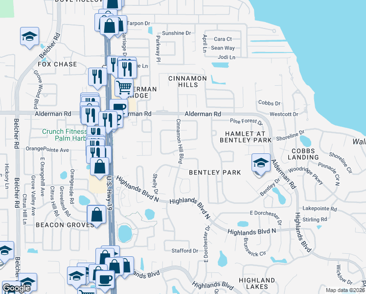 map of restaurants, bars, coffee shops, grocery stores, and more near 2908 Macalpin Drive South in Palm Harbor