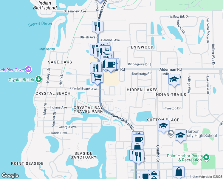 map of restaurants, bars, coffee shops, grocery stores, and more near 627 Crystal Drive in Palm Harbor