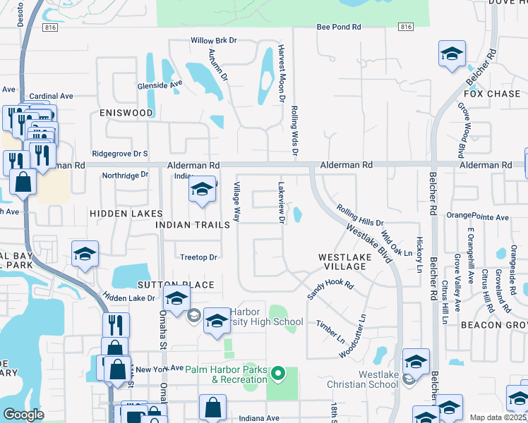 map of restaurants, bars, coffee shops, grocery stores, and more near 826 Park Court in Palm Harbor