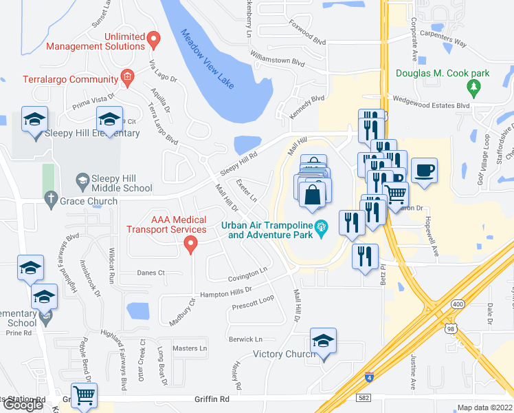 map of restaurants, bars, coffee shops, grocery stores, and more near 3796 Woodbury Hill Loop in Lakeland