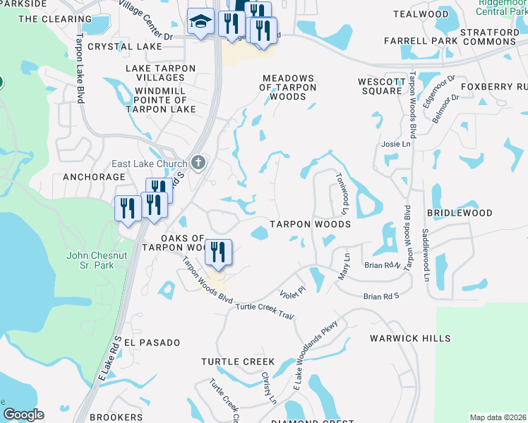 map of restaurants, bars, coffee shops, grocery stores, and more near 128 Annwood Road in Palm Harbor