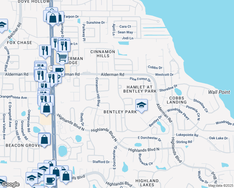 map of restaurants, bars, coffee shops, grocery stores, and more near 2534 Bentley Drive in Palm Harbor