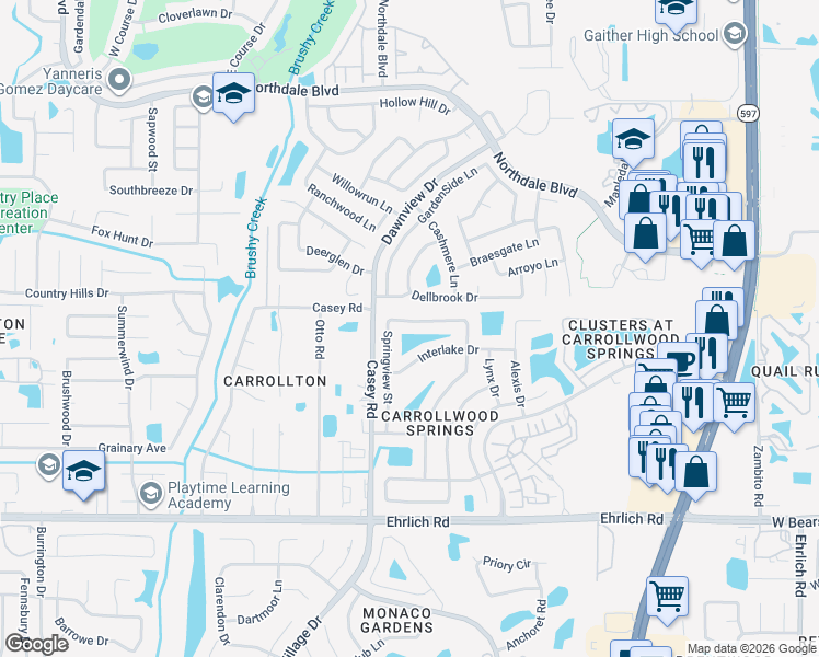 map of restaurants, bars, coffee shops, grocery stores, and more near 4211 Interlake Drive in Tampa